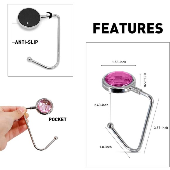 Rhinestone Purse Handbag Hook Hanger for Table Desk 3 Pack -White Pink Blue - Picture 3 of 4